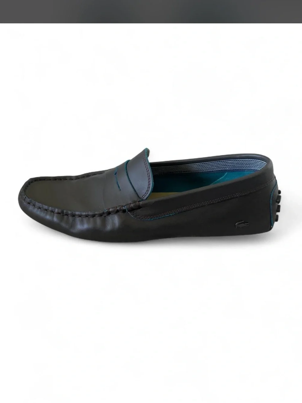 Lacoste Men's Dark Brown Leather Penny Loafers with Teal Stitching